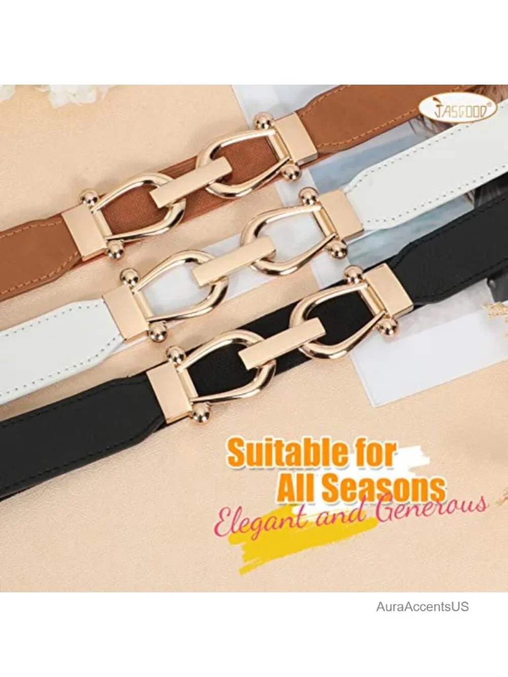 Women Stretchy Waist Belt Elastic Skinny Belt with Gold Buckle